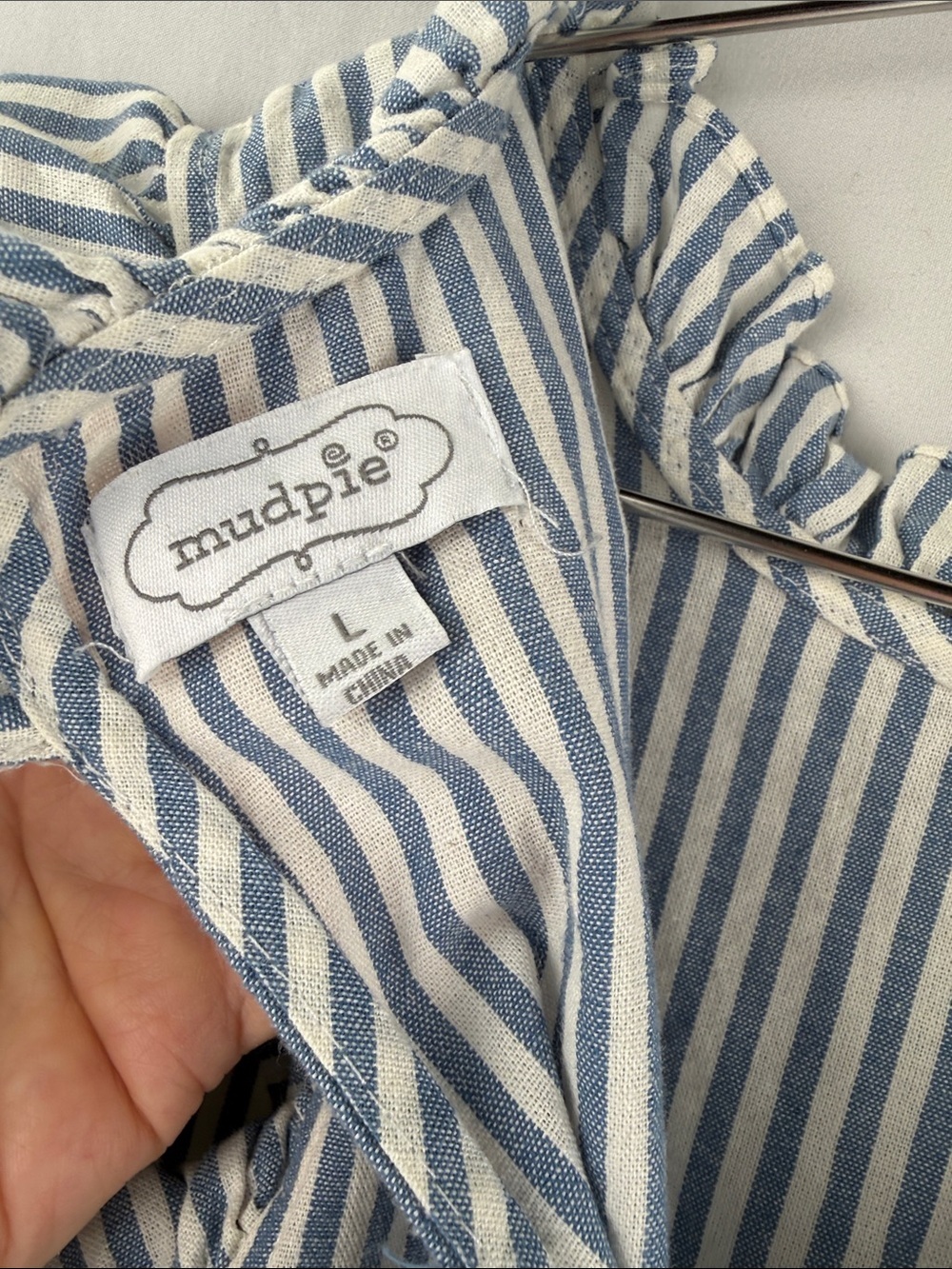 Mudpie Blue & White Striped Tiered Ruffle Sleeve Tie Back Size Large Kids Dress - Picture 7 of 7